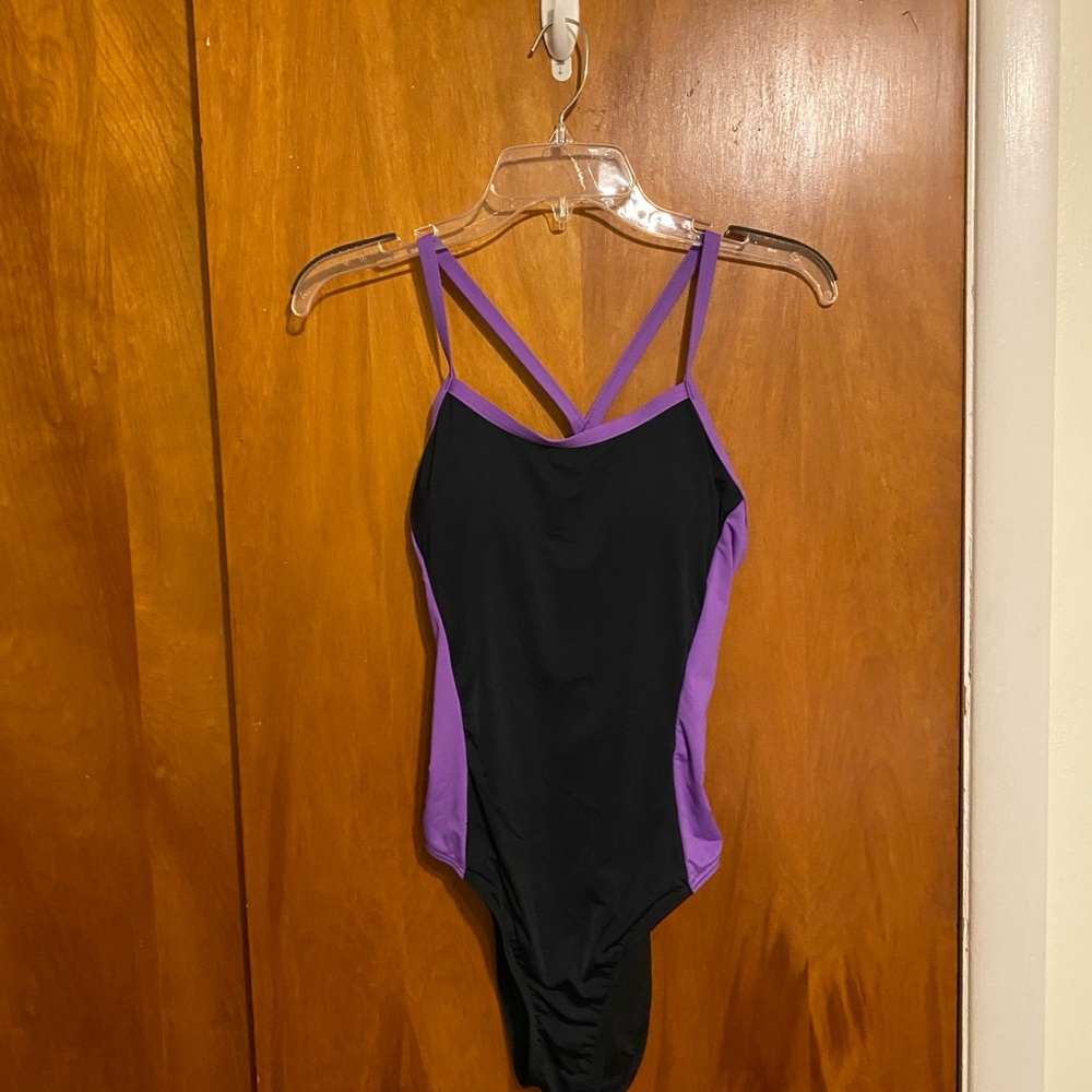 Holipick One Piece ladies Swim Suit Low Cut Back w/Cross Straps Black and Purple - Picture 6 of 8